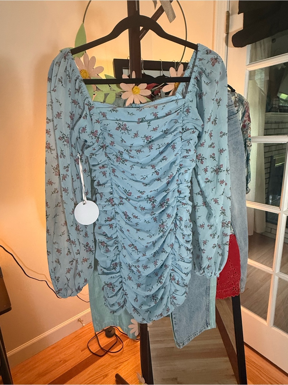 Light Blue Floral Ruched Mini Dress with Puff Sleeves